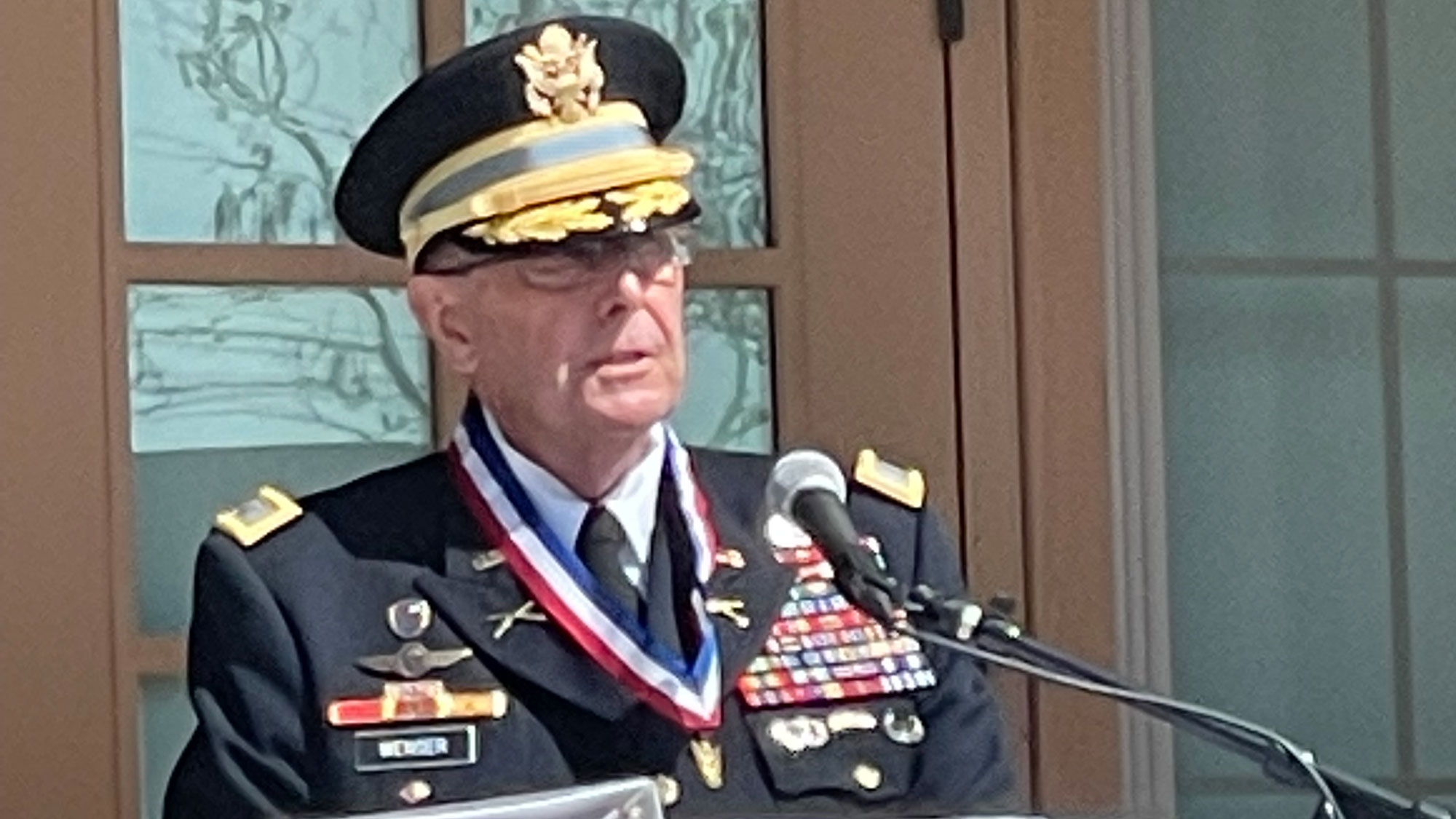 William V. Wenger delivering remarks following the presentation of his Distinguished Eagle Scout Award, 23 April 23.