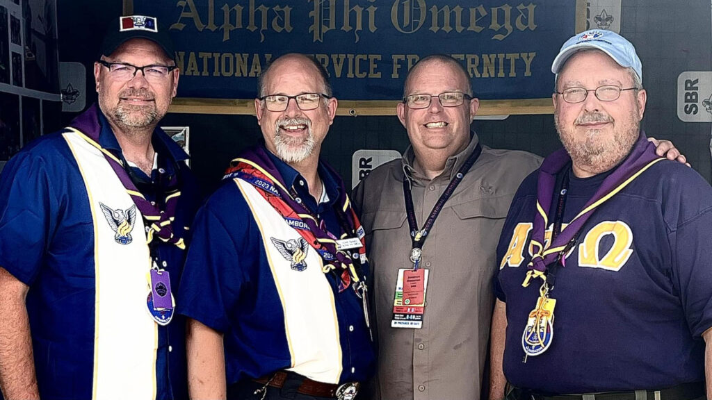 Members of APO Eagles volunteering time to work the Alph Phi Omega booth at the 2023 National Scout Jamboree (from left to right) Dave Kerns (Eagle class of ‘96), Howie Barnes (Eagle class of ‘93), Jonathan Glassman Eagle Class of ‘91); John T Conover Jr (Eagle class of ‘86).
