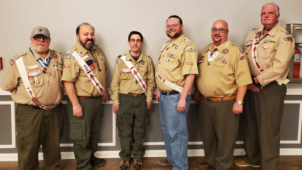 Spring 2023  Nentego Lodge Banquet, members of APO Eagles. (left to right) Terry Ripski, James Demes, Michael Gallagher, Casey Jakubowski, Mark Dyer, Rich Turner.